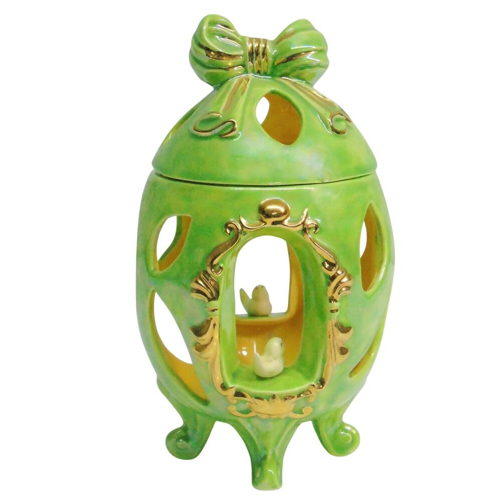 Arnel Porcelain Bird Cage Candle Holder Easter Egg Shaped Footed Green Gold Bow